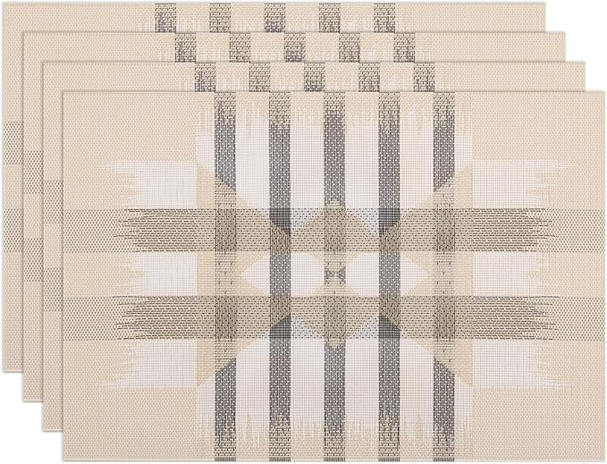 Winknowl Placemats Set of 4, Heat Resistant Stain Resistant Woven Vinyl Insulation Place mats, Durable Washable Elegant Table Mats for Kitchen Dining Table Decor (Geometric Beige)