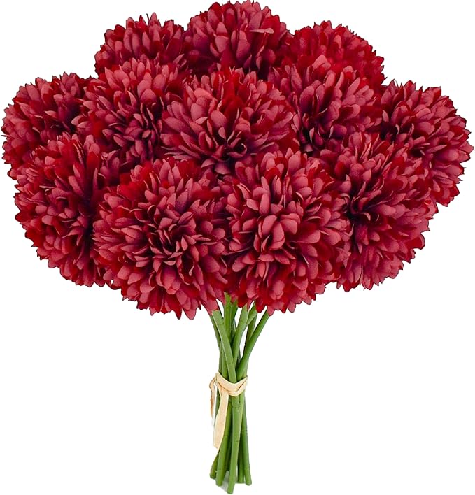 Mandy's Burgundy Artificial Ball Chrysanthemum 12 Stems Faux Flowers with Bendable Stems for DIY Wedding Centerpiece Fall Decor Home Arrangements