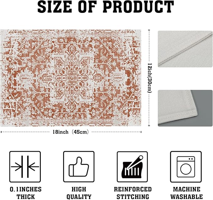Gray Burnt Orange Boho Placemats Set of 6 Ethnic Bohemian Carpet Place Mats Washable Kitchen Dining Vintage Grey Geography Floral Linen Table Mats Stain Heat-Resistant for Home Party Indoor 12x18 in