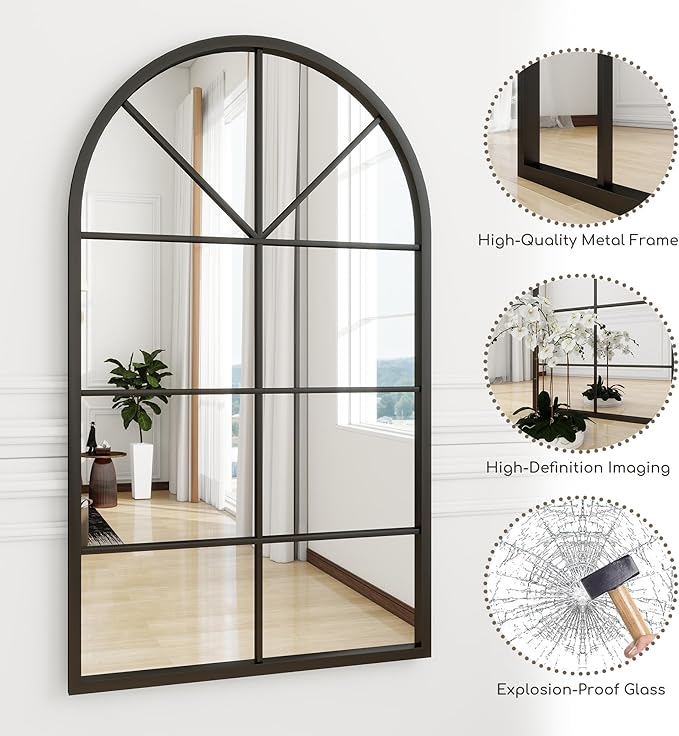 Arched Wall Mirror Wall Decorative, Iron Framed Window Pane Mirrors,38" x 24" Window Mirror, Arched Top Wall Mirror for Entryway Living Room, Bedroom, Fireplace .(Black)