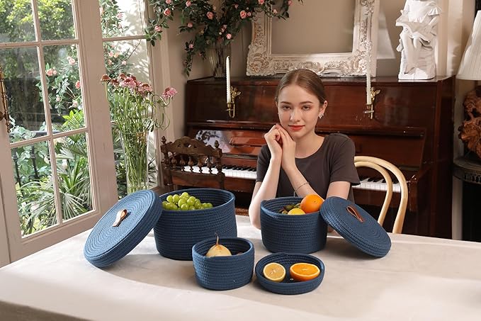 Cottonphant Set of 3 Stylish Round Woven Baskets with Lids - Elegant Storage Solution for Home Decor and Organization - Compact Shelf Baskets (Dark Blue, 10"x6"-8"x5"-6"x4")