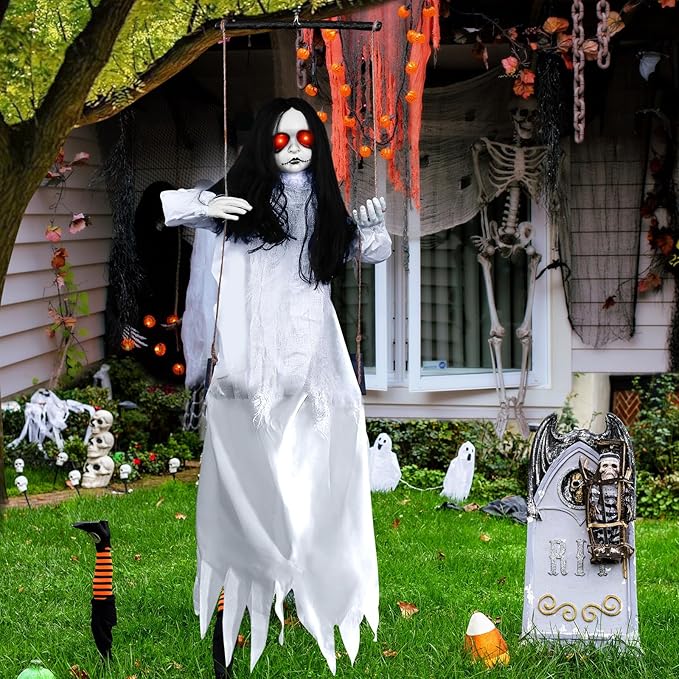 Scary Halloween Decorations Outdoor Hanging Swinging Girl with Sound & Slap Activated, Light Up Eyes Creepy Sound Expressions, Large Scary Halloween Decor Props for Indoor Outside