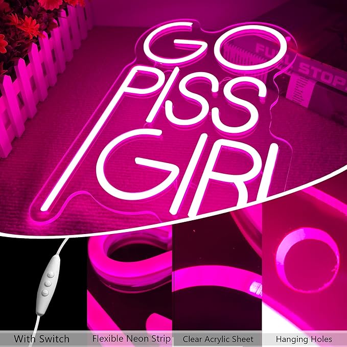 Go Piss Girl Neon Sign Pink Dimmable LED Trendy Neon Light Sign Wall Art Aesthetic Decor Pop Culture Art Funny Sign Bar Bedroom Dormitory Decor Birthday Gift(14.5 * 10.6in)