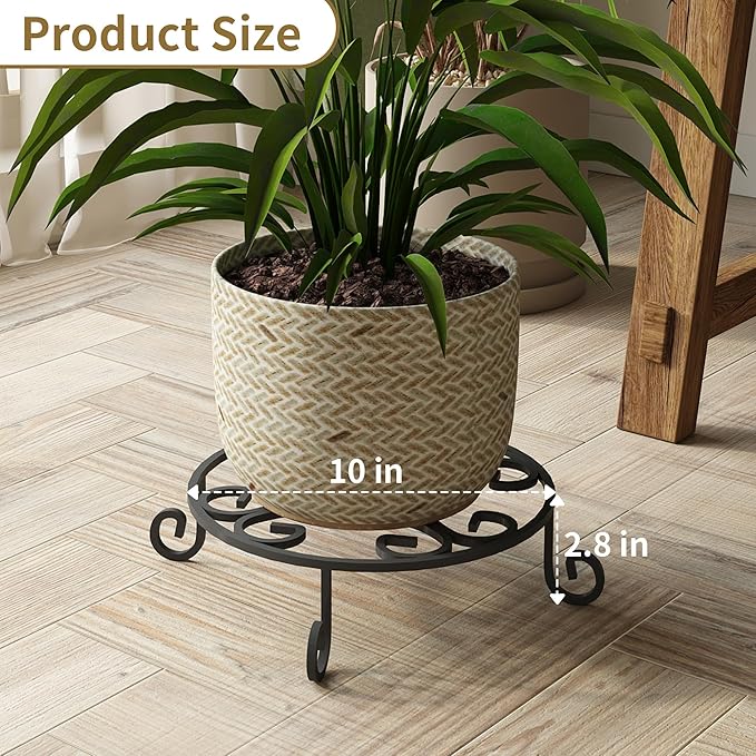 4 Pack 10” Diameter Metal Outdoor Plant Stand Indoor, Black Heavy Duty Potted Holder, Round Anti-Rust Wrought Iron Flower Planter Pot Display Stands for Home Garden