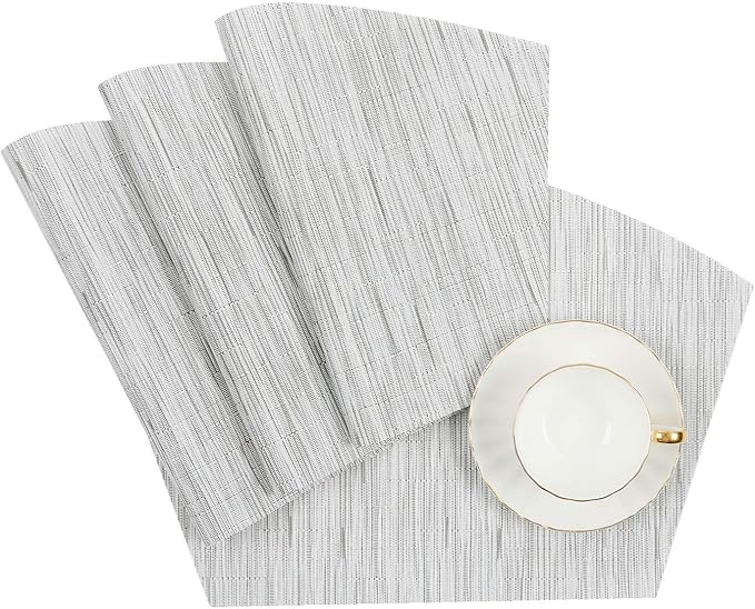 SHACOS Small Round Table Placemats Wedge Placemat Set of 4 Non Slip Heat Resistant Woven Vinyl Table Mats Wipe Clean Indoor Outdoor (4, Gray White)