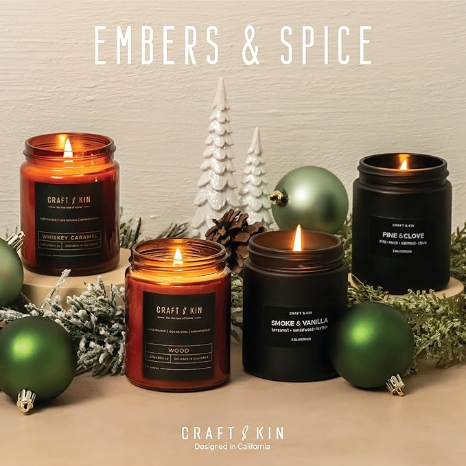 Craft & Kin Scented Candle Gift Set | Embers & Spice Home Scented Candle Sets for House Warming, Men's Gift