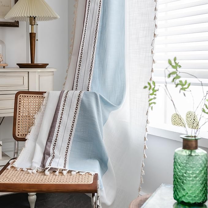 Sutuo Home Boho Curtains 63 inches for Kitchen Bedroom, Semi Blackout Linen Farmhouse Tassels Window Treatment Bohemian Embroidery Drape, Rod Pocket 1 Panel 52" W x 63" L, Brown Blue Striped Linen