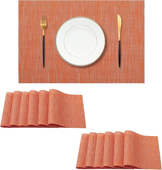 Leetaltree Orange Placemats Set of 12 - Heat Resistant Non-Slip Place mats for Dining Table, Washable Durable PVC Vinyl Woven Table Mats(Orange, 12)