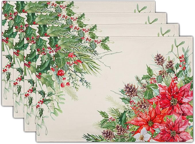Giwawa Poinsettia Placemats Set of 4, 12x18 Inch Watercolor Christmas Red Floral Linen Table Mats for Kitchen Dining, Winter Holly Berry Pine Cones Washable Heat Resistance for Party Holiday Decor