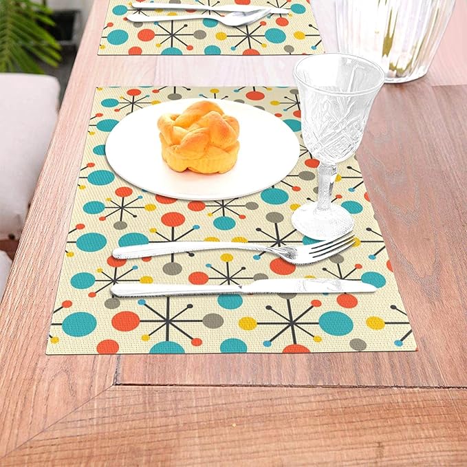 Mid Century Fifties Modern Atomic Retro Placemats Set of 4 Yellow Kitchen Table Mats for Dining Farmhouse Holiday Home Decor Linen Washable Place Mats 12"x18"