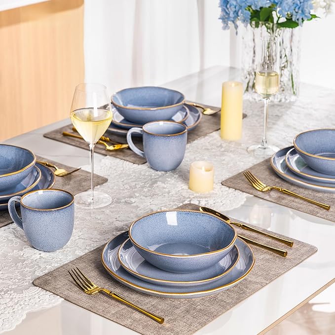 AmorArc Ceramic Dinnerware Sets,Handmade Reactive Glaze Stoneware Plates and Bowls Set,Highly Chip and Crack Resistant | Dishwasher & Microwave Safe Dishes Set,Service for 8 (24pc)-Reactive Blue