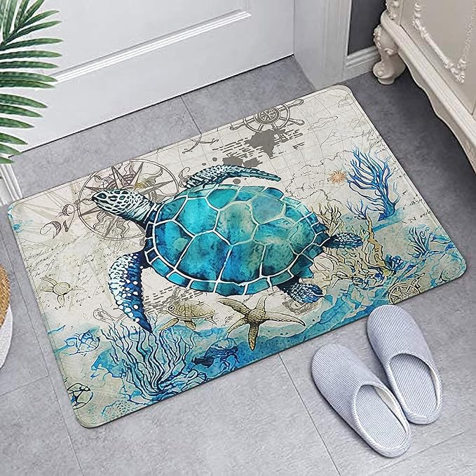 Britimes Bath Mat for Bathroom, Blue Turtle Washable Cover Floor Rug Carpets Floor Mat Bathroom Decorations 16x24 Inches for Kitchen Bedroom Indoor