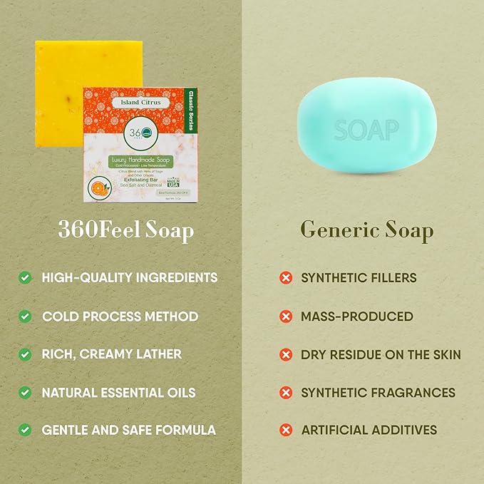 360Feel Island Citrus Soap - Handcrafted Castile Bar Soap with a Tropical Scent - Handmade with Essential Oils - Ideal Gift for Anniversaries, Weddings, and Holiday Stockings - Rich Lather - 5 Ounce