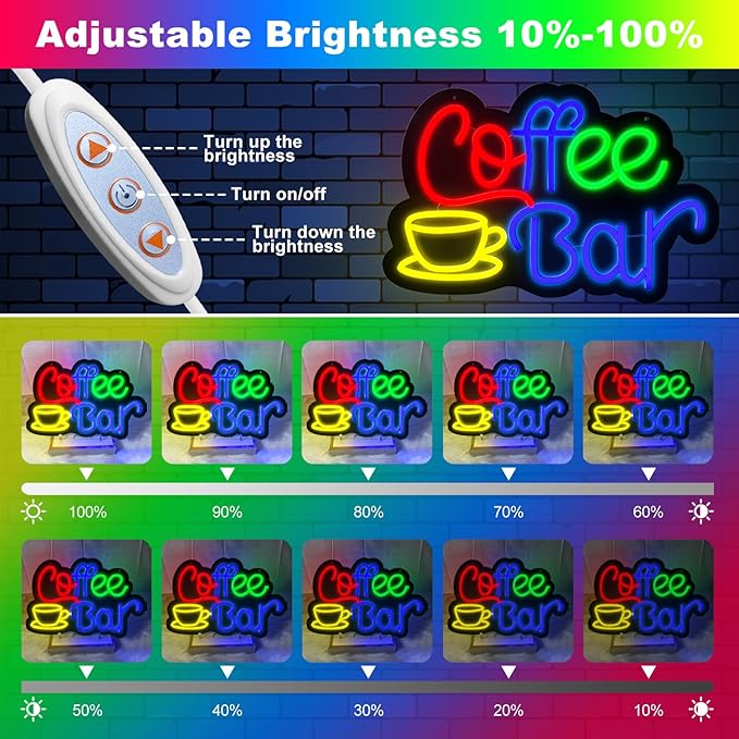 Neon Sign, Coffee Bar Neon Light, 16.14 x 10.43 Inch, Modern Style, Wall Mount, Neon Color, Rubber & Plastic Material, USB Powered