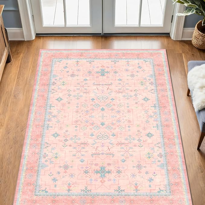 Nursery Area Rug 4x6 - Pink Rugs for Girls Bedroom, Living Room - Washable Low Pile Non-Slip Charming Boho Vintage Traditional Oushak Design, Perfect for Kids Rooms