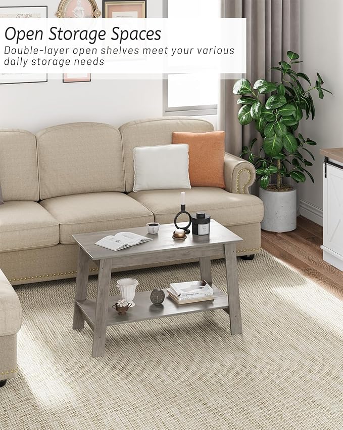 2-Tie Coffee Table, Rustic Wood Living Room Tables with Open Rectangular Storage Compartment, Coffee Tables for Living Room, Outdoors, Home Office, Bedroom, Grey