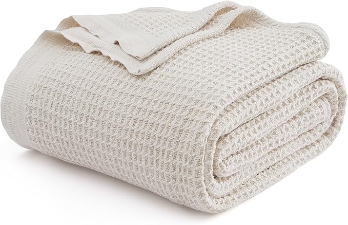 Bedsure 100% Cotton Blanket Twin XL Size for College Dorm - Breathable and Soft, Waffle Weave Twin Blanket for Summer, Dorm Room Essentials, Khaki (a Little Bit Yellow), 66x90 inches