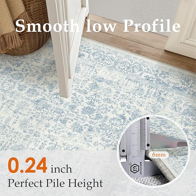 Blue Area Rug 9x12 Machine Washable Large Vintage Living Room Distressed Non Slip Carpet Traditional Indoor Bedroom Retro Floral Accent Throw Rug for Office Kitchen Dining Room