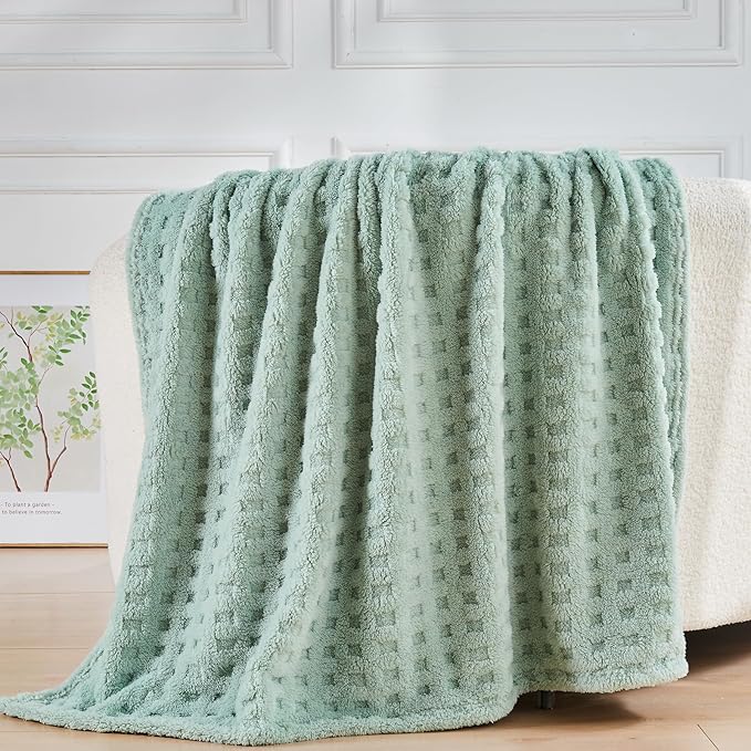 NEWCOSPLAY Super Soft Throw Blanket Green Premium Silky Flannel Fleece 3D Waffle Checkered Lightweight Bed Blanket All Season Use (New Sage Green, Throw(50"x70"))