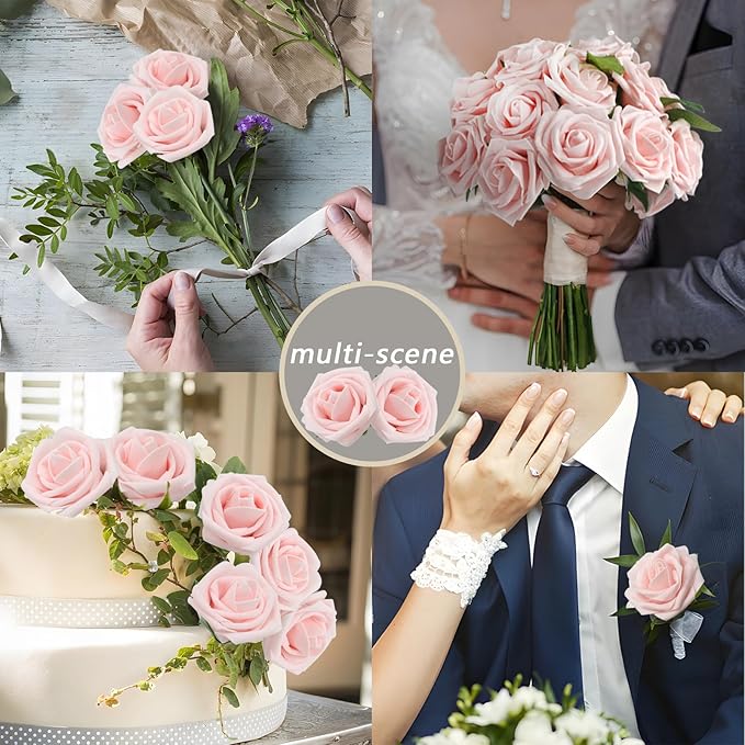 200PCS Artificial Flowers Light Pink Roses Real Looking Foam Fake Roses with Leaves and for DIY Wedding Bouquets Bridal Shower Centerpieces Party Decorations (Light Pink, 200)