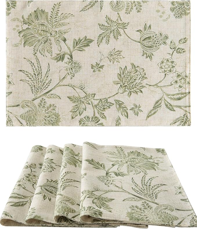 JINCHAN Linen Floral Fall Placemats Set of 4 Cloth Table Mats Rustic Cottagecore Jacobean Outdoor Seasonal for Kitchen Dining Table Decor Non-Slip Washable Tablemats 13x19 Inch Green