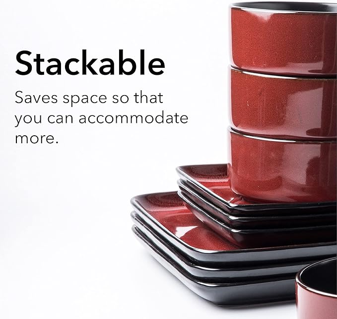 FLACKAR Square Stoneware 16pc Double Bowl Dinnerware Set for 4, Dinner Plates, Side Plates, Cereal Bowls, Pasta Bowls - Reactive Glaze Red (480349)