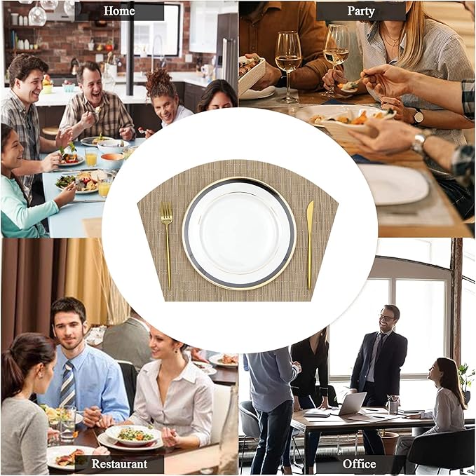 SHACOS Large Size Wedge Placemats with Centerpiece Mat Set of 5, PVC Woven Vinyl Placemats for Round Table Washable Indoor Outdoor Table Mats Reversible Durable, Tan