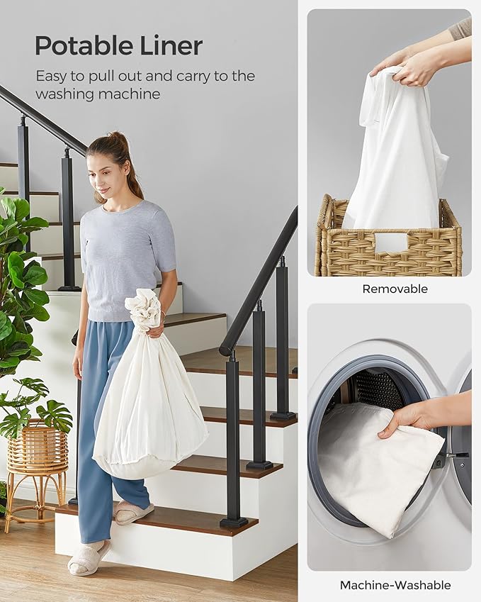 SONGMICS Laundry Hamper with Lid, 37 Gallons (140 L), Rolling Laundry Basket with Wheels, 3-Section Synthetic Rattan, Removable Liner, Bedroom, 26 x 13 x 26 Inches, Natural ULCB363N01