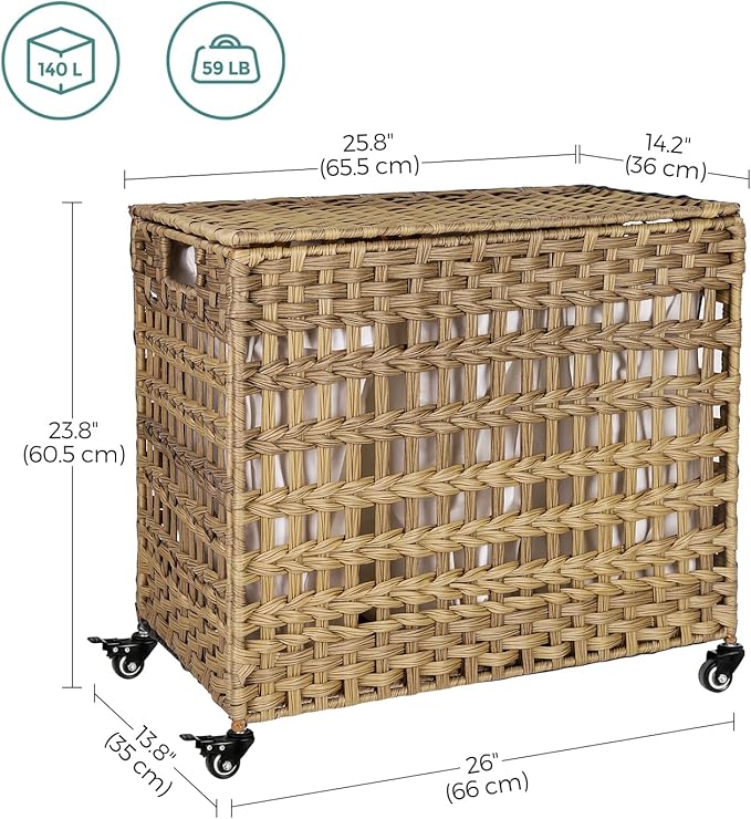 SONGMICS Laundry Hamper with Lid, 140L Synthetic Rattan Laundry Basket with Wheels, Clothes Hamper with 3 Removable Liner Bags, 3-Section Hampers with Handles, Laundry Room, Natural ULCB083N01