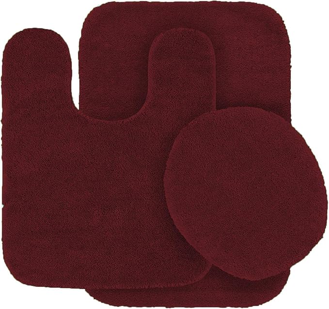 Fancy Linen 3pc Solid Non-Slip Bath Mat Set Bathroom U-Shaped Contour Rug, Mat and Toilet Lid Cover New # 6 (Burgundy)