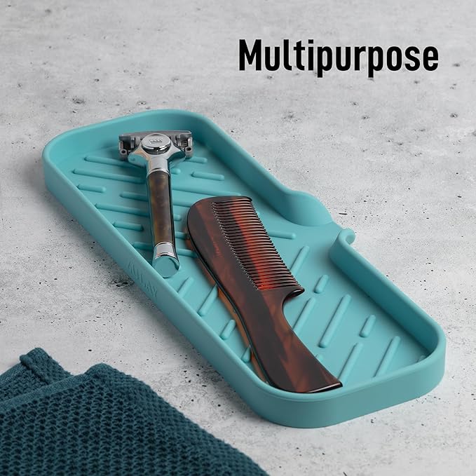 Zulay Large Silicone Sponge Holder (12x4) – Flexible Sink Organizer Tray for Kitchen & Bathroom – Multipurpose Soap Dish for Sponges, Makeup, Trinkets & More (Aqua Sky)