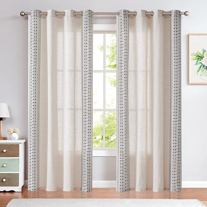Lazzzy Black Boho Curtains for Bedroom Living Room Embroidered Window Curtains 96 Inch Length Light Filtering Drapes Grommet Window Treatment 2 Panels Black on Beige