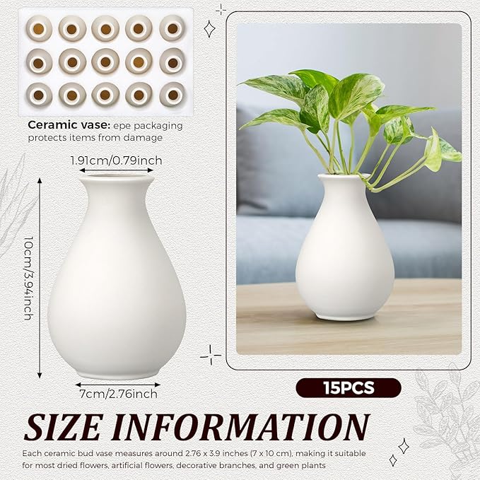 Tioncy 15 Pack White Ceramic Bud Vases Bulk 3.9 Inch Boho Small Flower Ceramic Vases for Centerpieces for Dry Flowers Pampas Garss Home Wedding Table Decor(Classic)