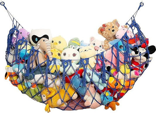 Large Stuffed Animal Storage Net or Hammock for Wall Mounted Macrame Stuffed Animal Display For Boho Nursery Baby Boy Playroom Toy Organizers Pet Net-Blue