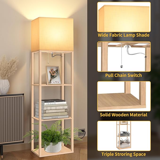 Dott Arts Floor Lamp with Shelves, Wide Floor Lamps for Living Room Display Shelf Lamps with 3 Color LED Bulb,Storage Wood Modern Floor Lamp for Bedroom Standing Lamp for Living Room Office(Burlywood)