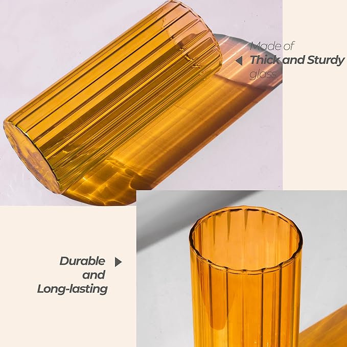 ComSaf Glass Cylinder Vases, Bud Vase for Centerpieces, 8 Inch Tall Ribbed Vase Hurricane Floating Candle Holder, Decorative Flower Vases for Wedding Reception, Home Decor, Housewarming Gift (Amber)