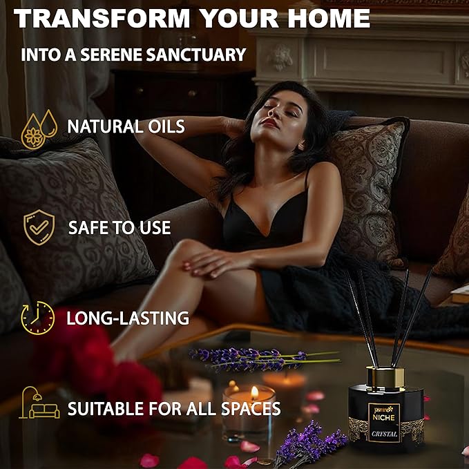 Luxury Jasmine NICHE Reed Diffuser Set 5.41 fl oz Long Lasting Home Fragrance Aromatherapy Diffuser with 6 Sticks Black Gold Bottle for Bedroom Bathroom Living Room Office Home DΓ©cor (Crystal)