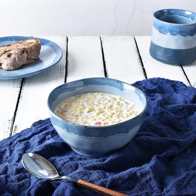 Bosmarlin Stoneware Dinnerware Set, Ceramic Bowls and Plates Set, Service for 4, 12 Piece, Microwave and Dishwasher Safe, Reactive Glaze (Light blue)