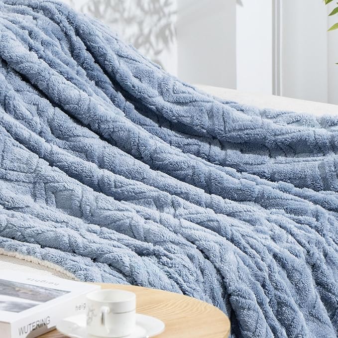 EVERGRACE Jacquard Boho Sherpa Fleece Throw Blanket for Couch, Super Soft Cozy Fuzzy Plush Blankets for All Seasons, Reversible Thick Warm Blanket for Bed, Sofa, Living Room, Blue Linen, 50" x 60"