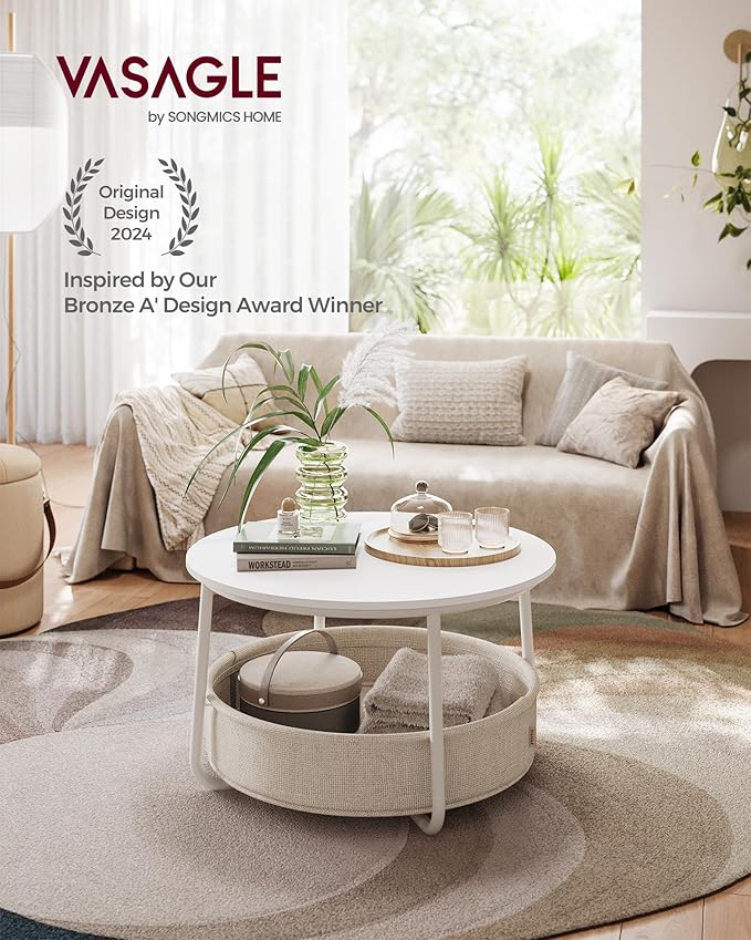VASAGLE Coffee Table with Storage, Round Center Table for Living Room with Fabric Basket, Modern Style, Metal Frame, Matte White and Camel Brown ULCT244W10