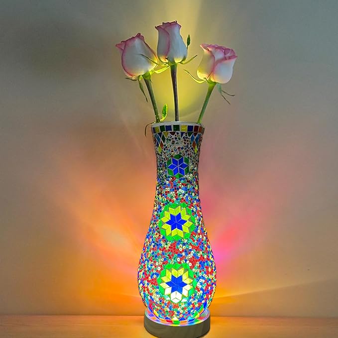 Turkish Moroccan Table Lamp, Mosaic Vase Lamp, Colorful Handmade Glass, Decorative Water-Fillable, Three-Color Light, Fit for Ambient Living Room Farmhouse