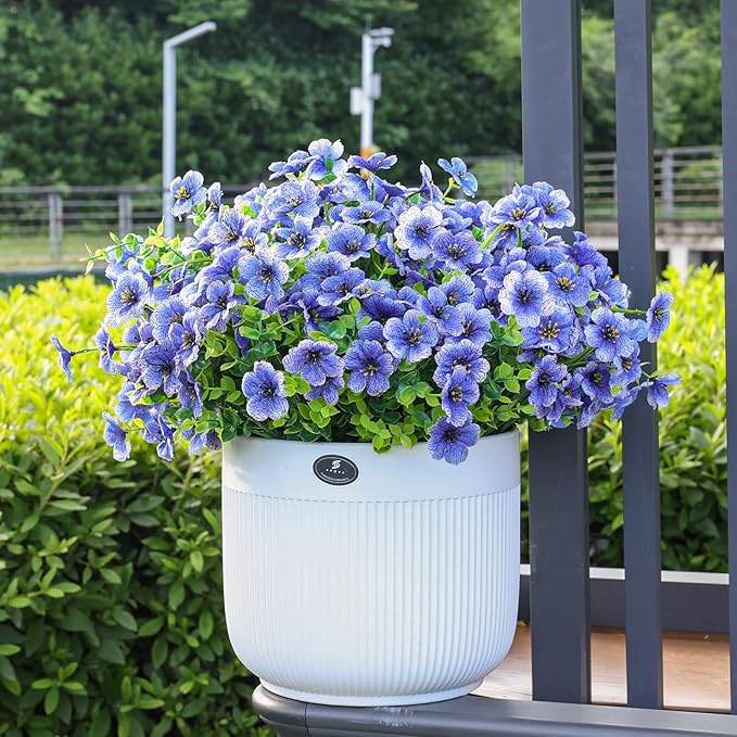 24 Bundles Artificial Flowers for Outdoors Decoration, UV Resistant Silk Violet Faux Colorful Daisy Eucalyptus Spring Fake Plants for Outside Indoor Yard Home Patio Porch Decor, Blue