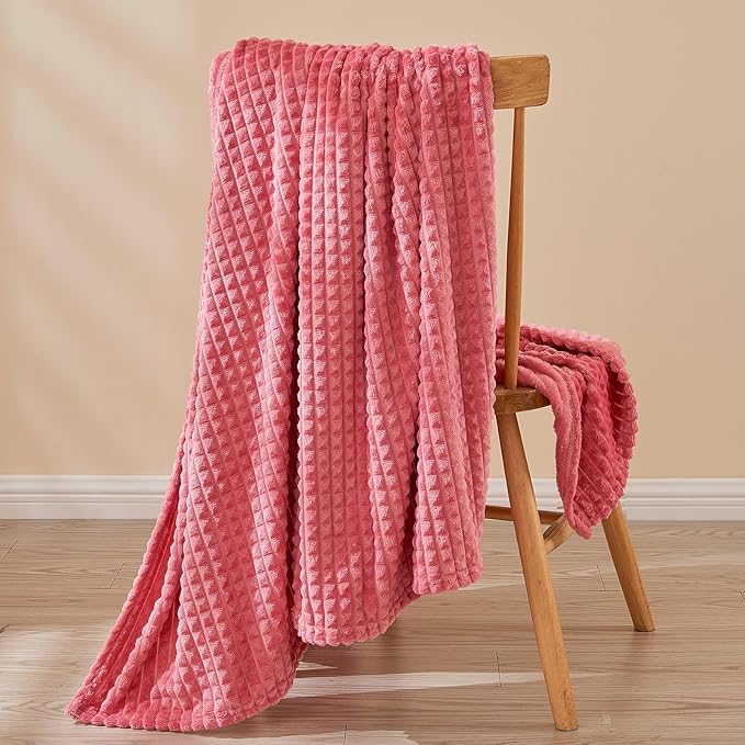 EMME Fleece Throw Blanket Luxury Flannel for Couch Bed Sofa Chair, Soft, Plush, Warm and Cozy Blanket with Geometric Grid Design (Coral Red, 60'' x 80'')