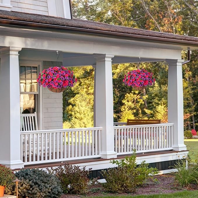 Artificial Fake Hanging Flowers with Basket, Faux Silk Morning Glory Flower Arrangement for Spring Summer Decor, Hanging Plant for Patio Garden Porch Outdoor Decor