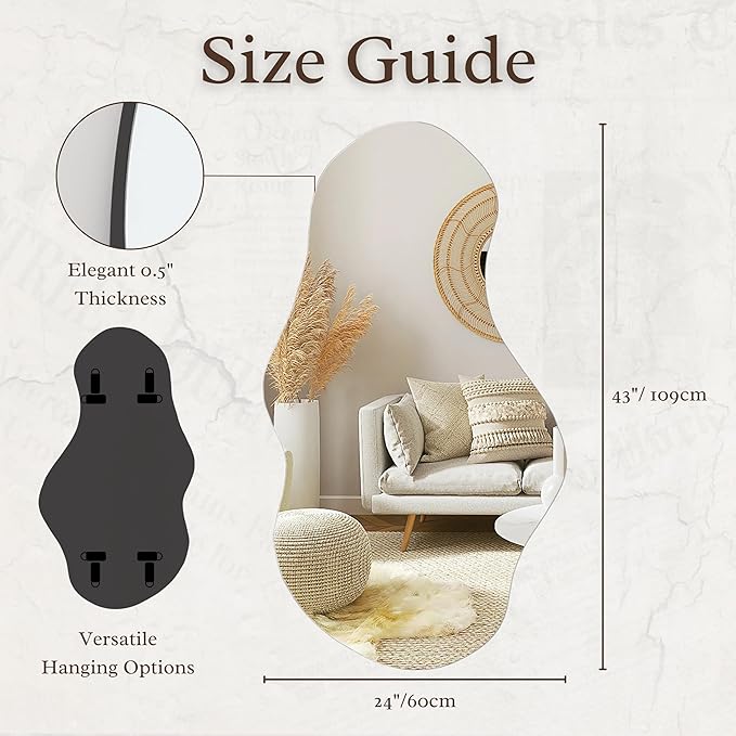 PERFNIQUE Irregular Wall Mirror Asymmetrical Mirror, 43''x24'' Decorative Modern Mirrors for Bathroom Bedroom Living Room Entryway, Cloud Frameless Mirror, Wall Mounted(43''x24'', Cloud)