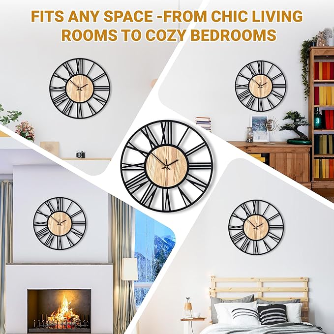 16inch/40cm Wall Clock for Bedroom Living Room Battery Operated Metal Decorative Analog Silent Analog Non Ticking Clocks Room Wall Decor (Wooden Roman Numerals, 16 inches)