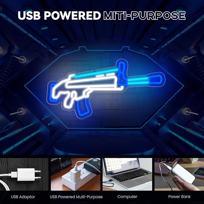Gun Neon Sign, Game Neon Signs for Wall Decor, Dimmable Acrylic Neon Lights for Gamer Room Man Cave Bedroom Bar Pub Playroom Commercial Streets Party Decorations