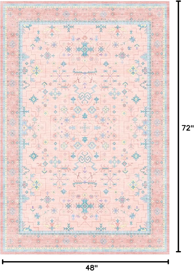 Nursery Area Rug 4x6 - Pink Rugs for Girls Bedroom, Living Room - Washable Low Pile Non-Slip Charming Boho Vintage Traditional Oushak Design, Perfect for Kids Rooms