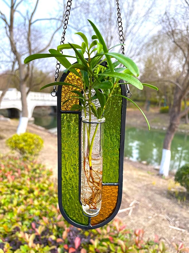 LITMIND Stained Glass Plant Propagation Station, Hanging Hydroponic Planter Terrarium with 2 Glass Tubes - Perfect for Home & Garden Décor