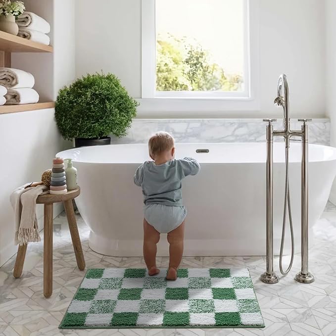 GRANNY SAYS Checkered Green Bathroom Rugs,32" x 20",Fluffy Rug, Absorbent Microfiber Ultra Soft Bath Mat Washable, Non-Slip Bath Mats for Bathroom, Cute Floor Mat for Tub, Shower, Bedroom